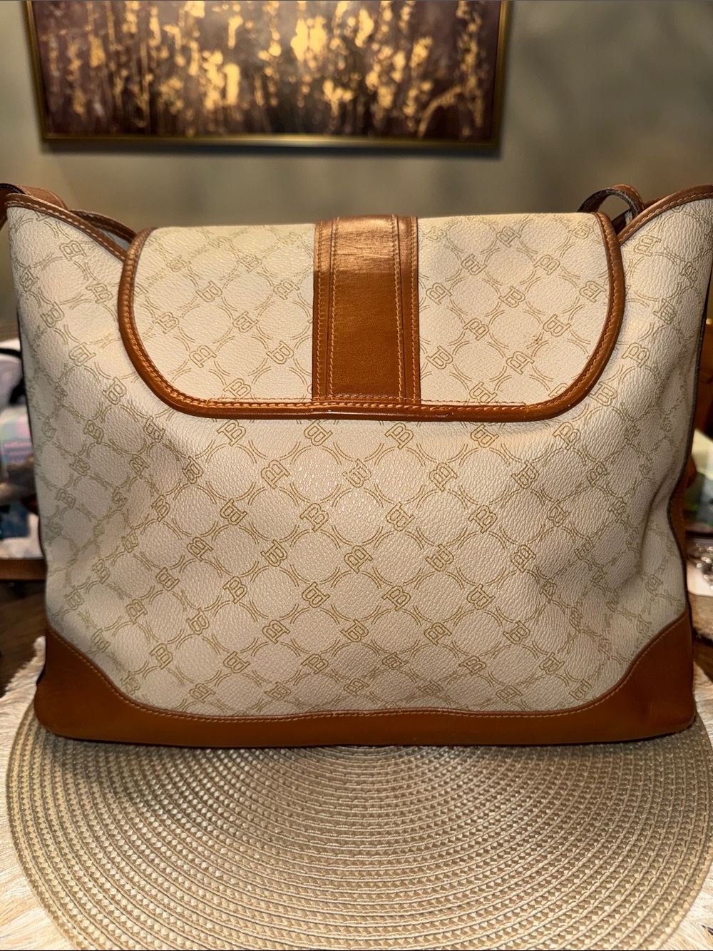 Bally Vintage Beige Monogram Shoulder/Crossbody with Tan Leather Trim - Picture 2 of 12